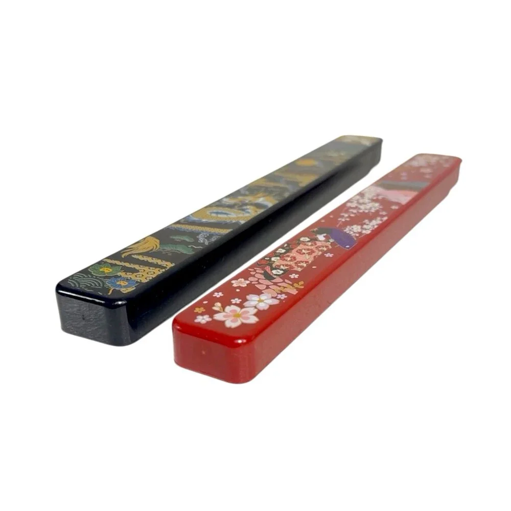 Japanese Travel Chopsticks 2 Pair Cases Dragon Geisha Cranes Sakura Red Black